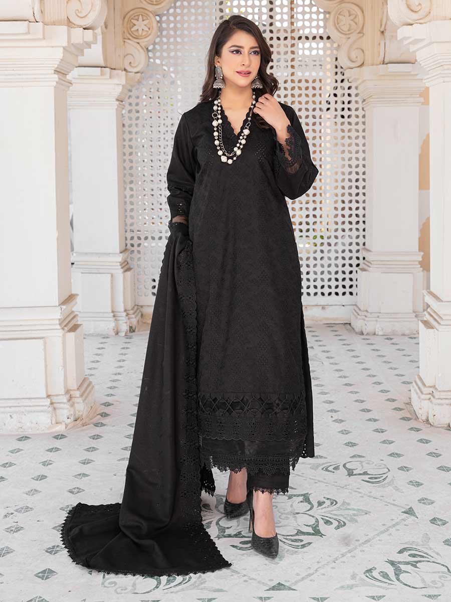 bareeze black dress 3pc Unstitched Bareeze LAWN Embroidered Black Dress SS-762 Suit Store